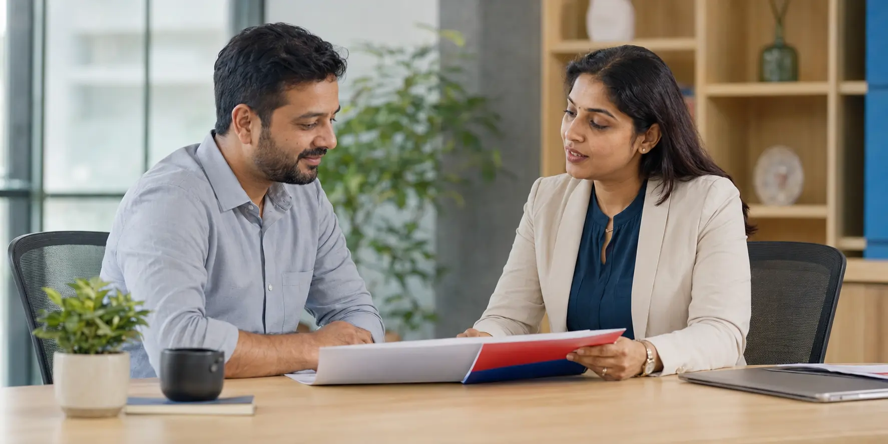 A Karthika advisor going through claim documents with a client