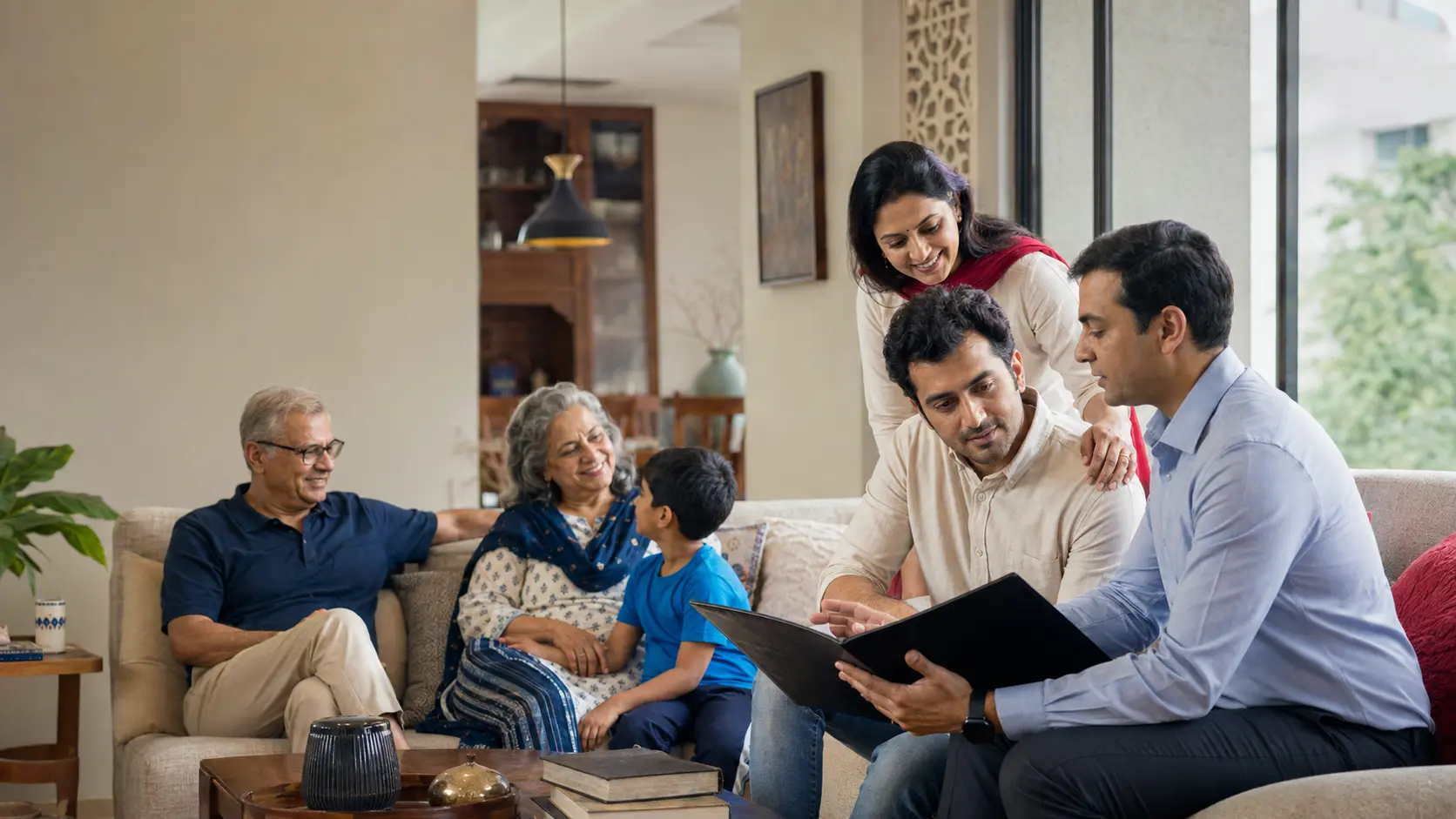 A Karthika advisor reviewing cover with a family at home