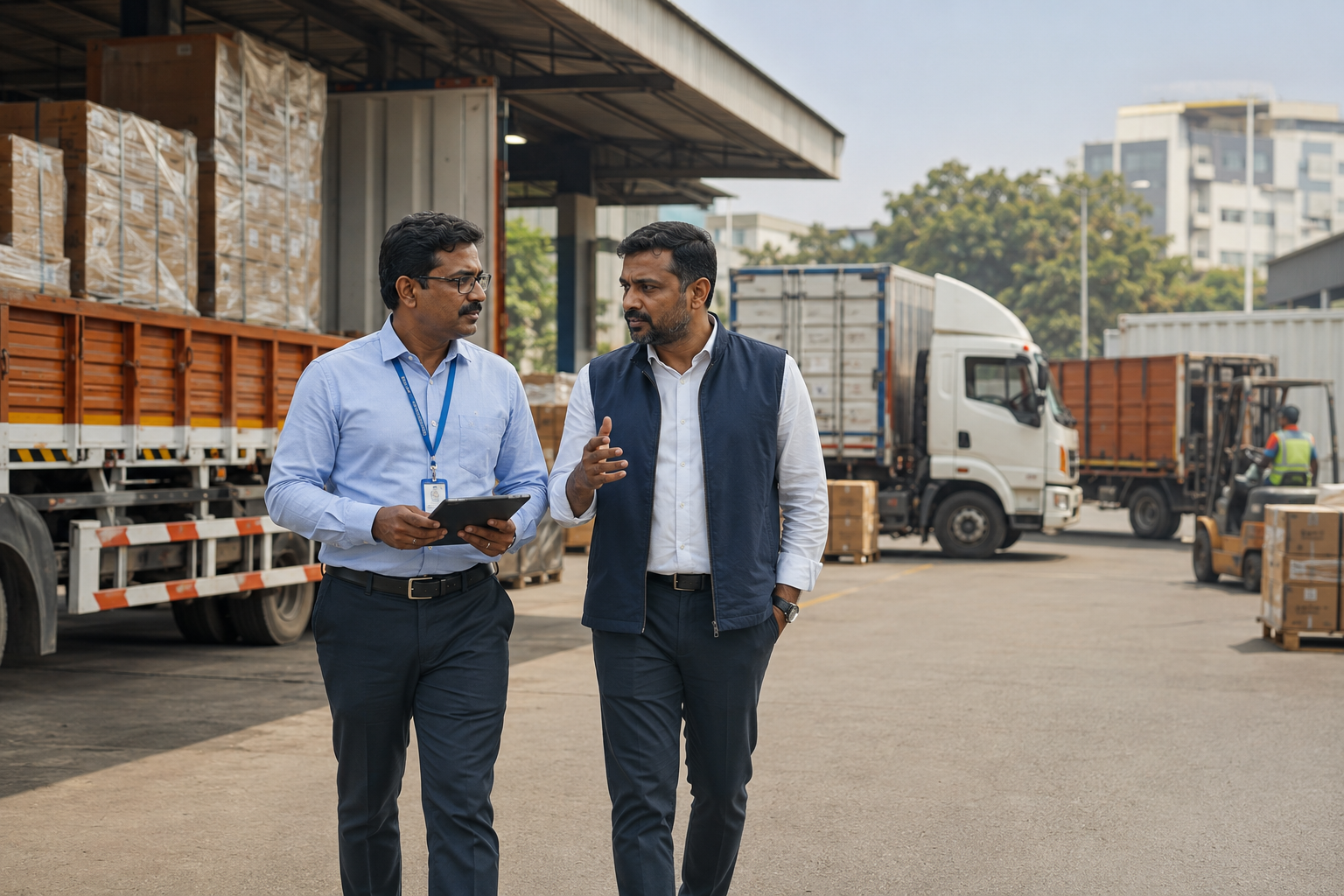 A fleet manager and an advisor at a loading yard